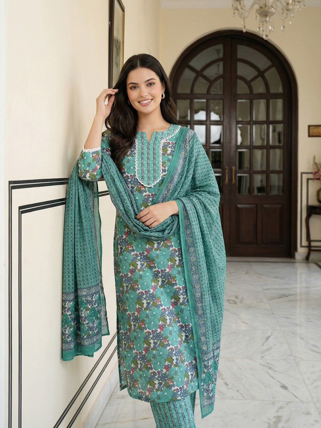 Jaitpuriya Teal Green aND White Pure Cotton Straight Regular Kurta Set