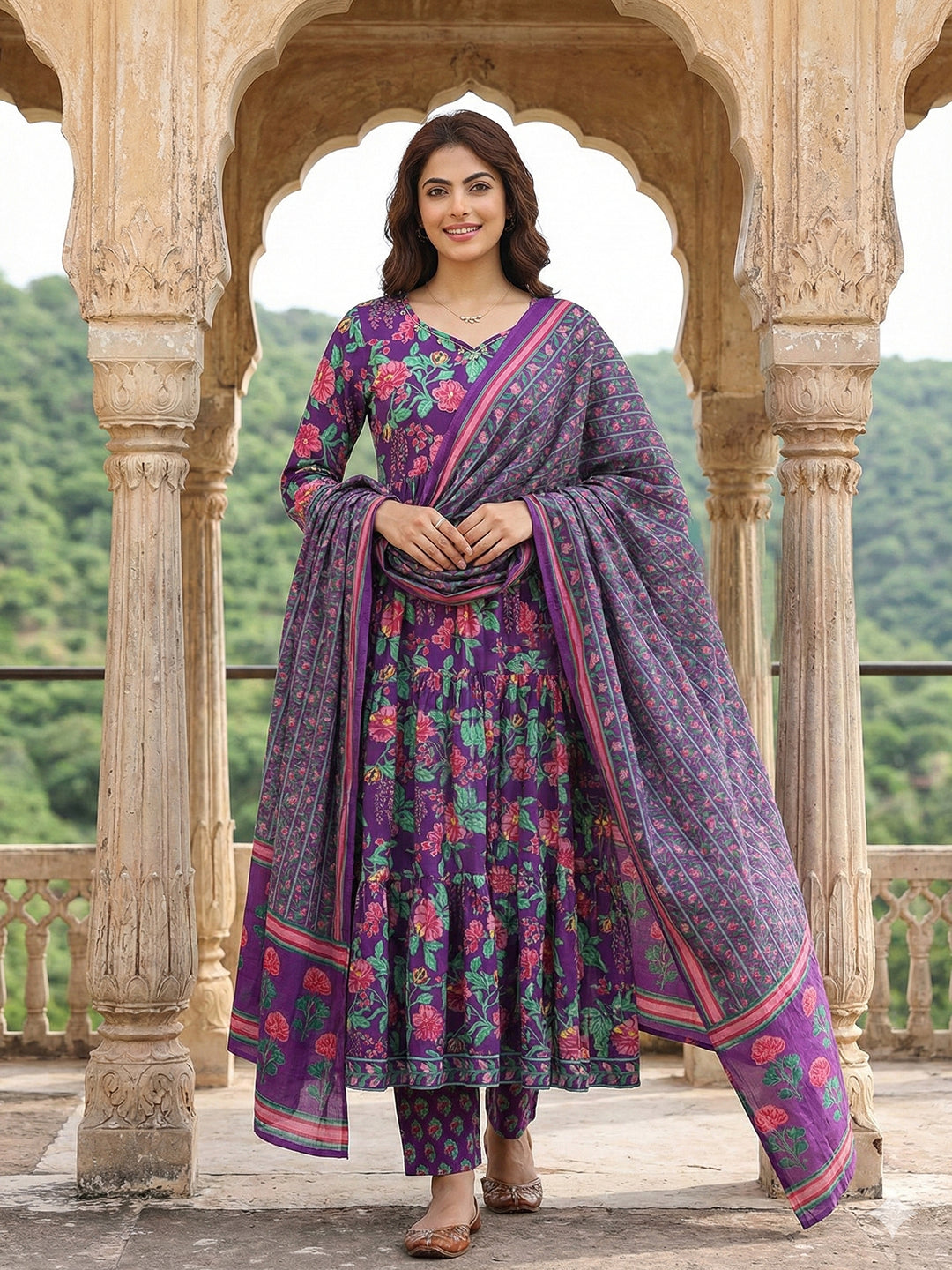 Jaitpuriya Purple And Pink Pure Cotton Anarkali Tierd Kurta Set