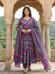 Jaitpuriya Purple And Pink Pure Cotton Anarkali Tierd Kurta Set