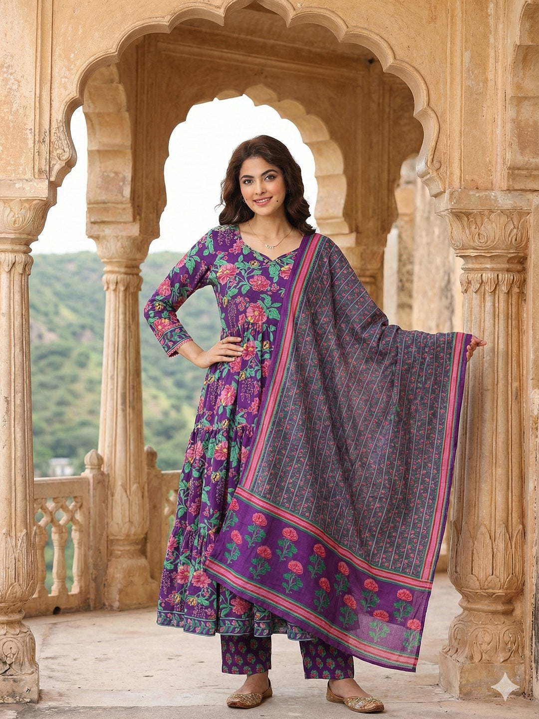 Jaitpuriya Purple And Pink Pure Cotton Anarkali Tierd Kurta Set