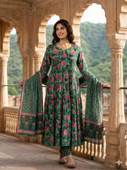 Jaitpuriya Green And Pink Pure Cotton Anarkali Tierd Kurta Set