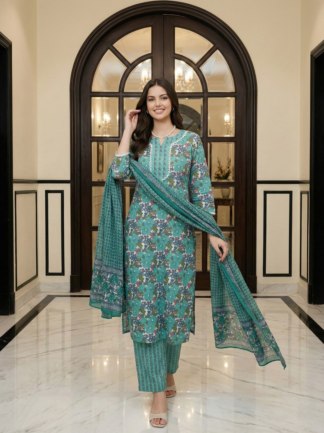 Jaitpuriya Teal Green aND White Pure Cotton Straight Regular Kurta Set