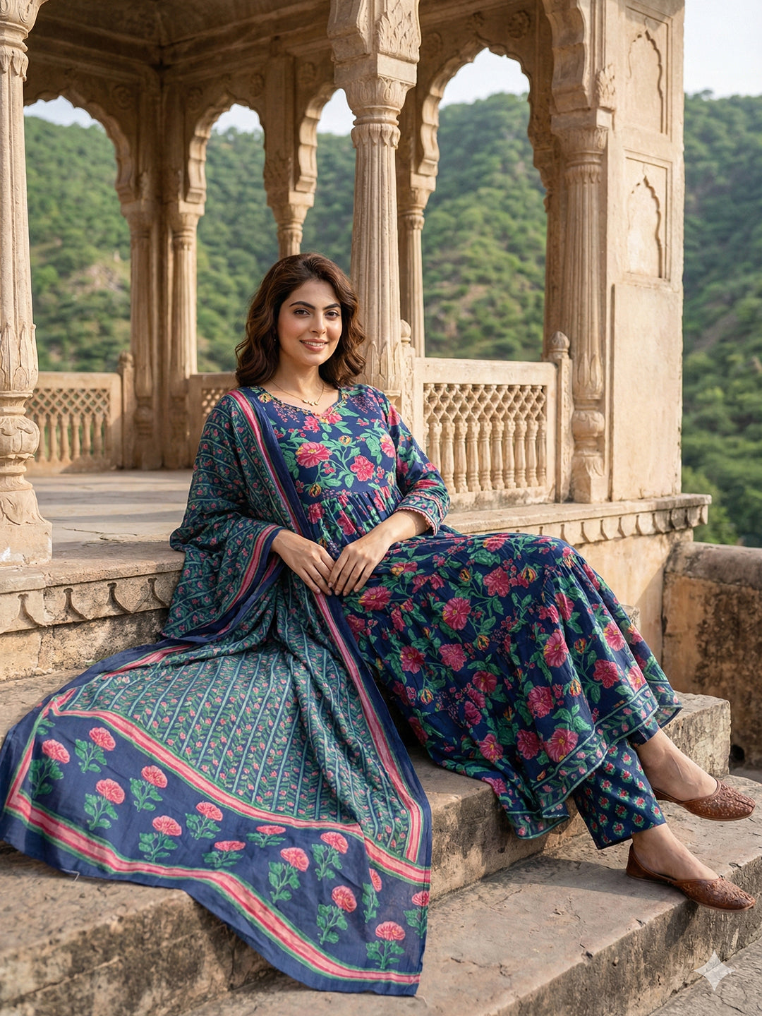 Jaitpuriya Blue And Pink Pure Cotton Anarkali Tierd Kurta Set