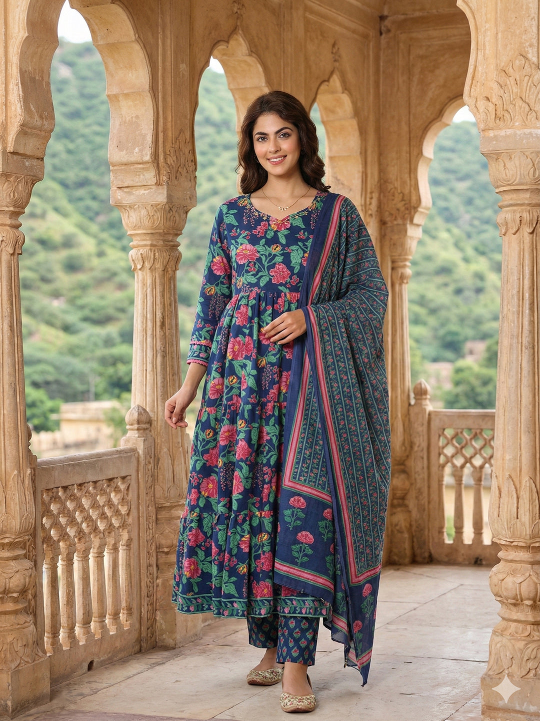 Jaitpuriya Blue And Pink Pure Cotton Anarkali Tierd Kurta Set
