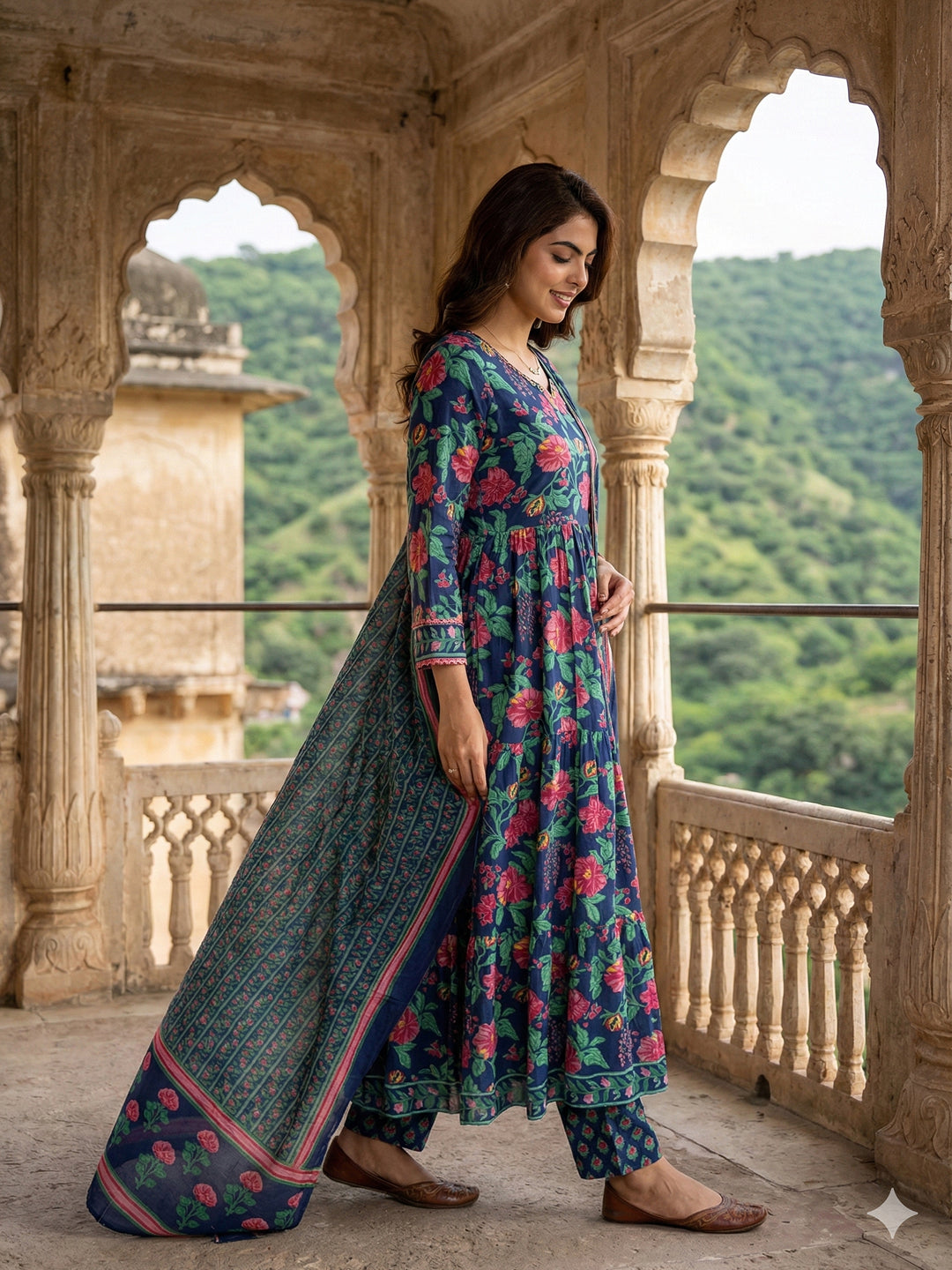 Jaitpuriya Blue And Pink Pure Cotton Anarkali Tierd Kurta Set