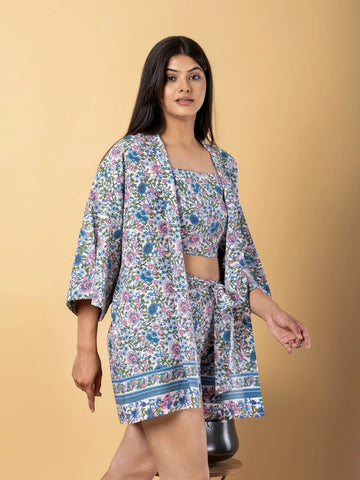 Jaitpuriya Women Cream And Blue Cotton Top Co-Orde