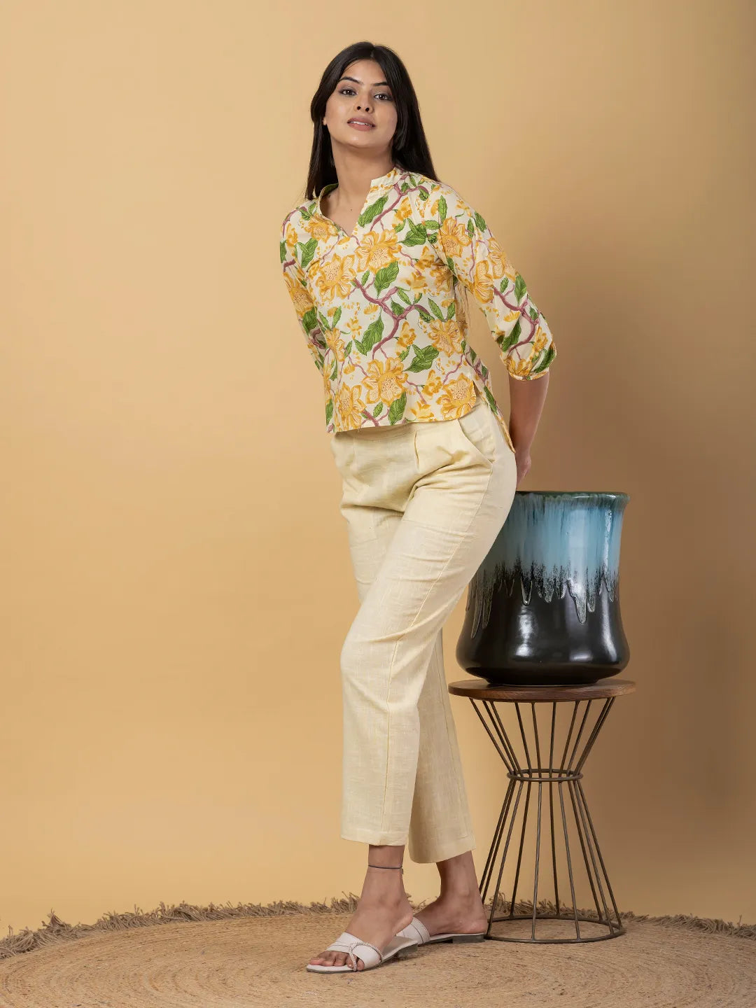 Jaitpuriya Women Yellow Cotton Top Co-Orde