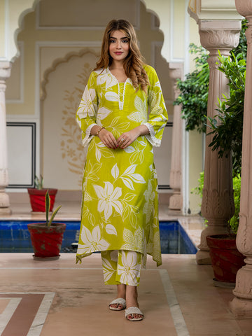 Jaitpuriya Women Green And White Pure Cotton Tunic Co-ord set