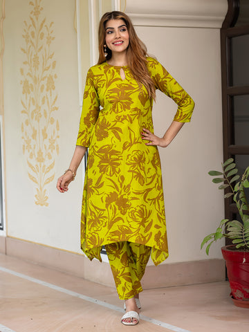 Jaitpuriya Women Lime Green Pure Cotton Tunic Co-ord set