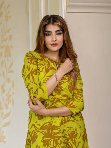 Jaitpuriya Women Lime Green Pure Cotton Tunic Co-ord set