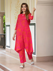 Jaitpuriya Women Pink And Red Pure Cotton Tunic Co-ord set