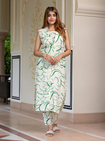 Jaitpuriya Women Green And Cream Pure Cotton Crop Top Co-ord set