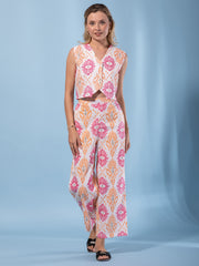 Jaitpuriya Women Orange And Cream Pure Cotton Waistcoat Co-ord set