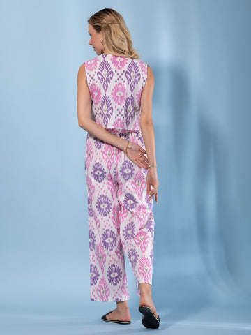 Jaitpuriya Women Purple And Cream Pure Cotton Waistcoat Co-ord set