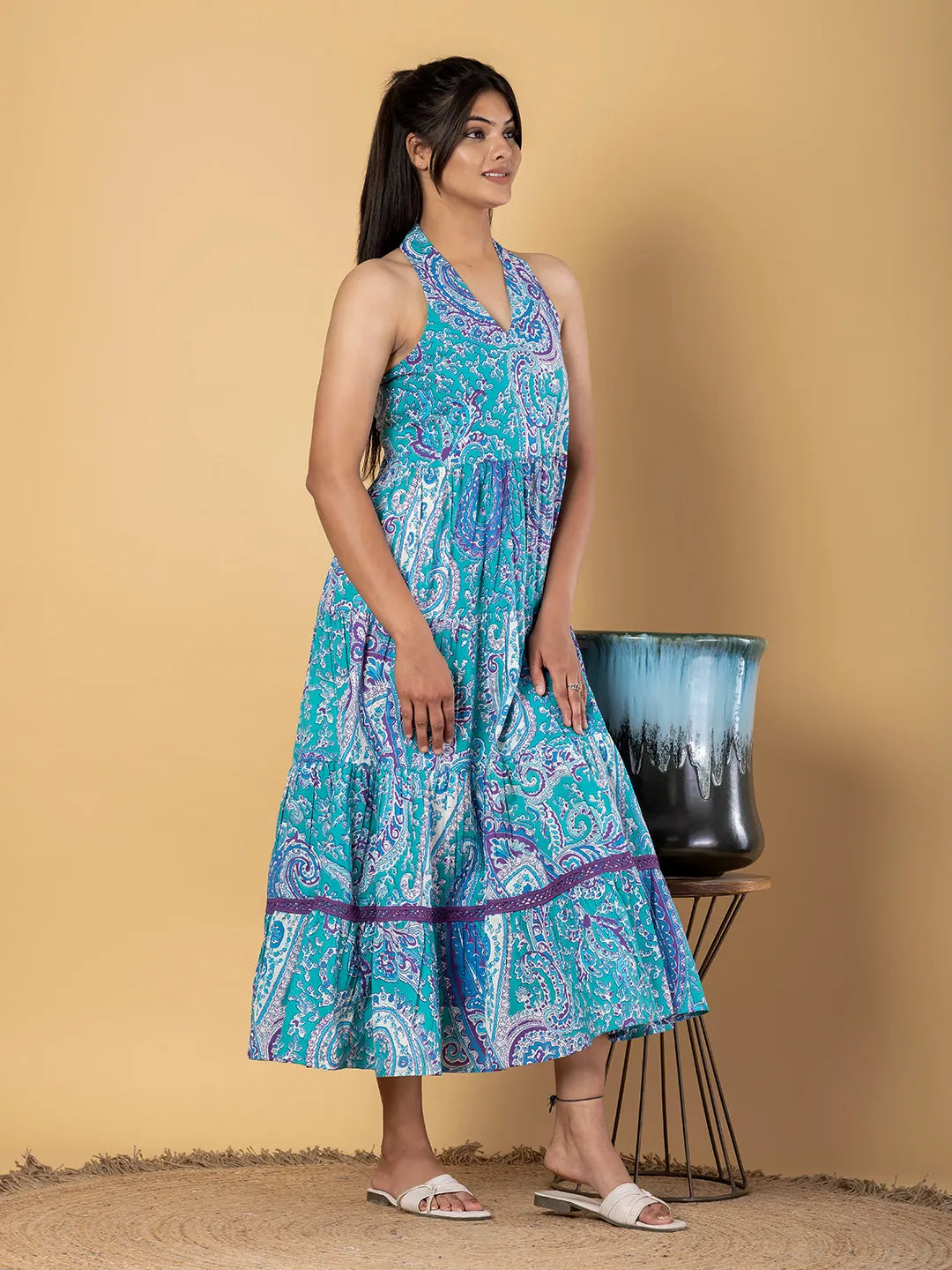 Jaitpuriya Women Turquoise Cotton fit & flare Dresses
