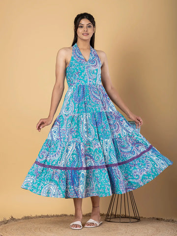 Jaitpuriya Women Turquoise Cotton fit & flare Dresses