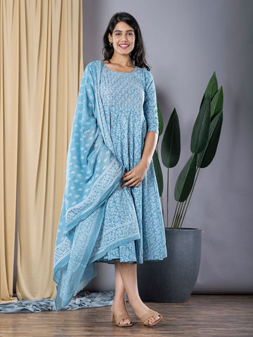 Sky Blue fit & flare Dress And Dupatta