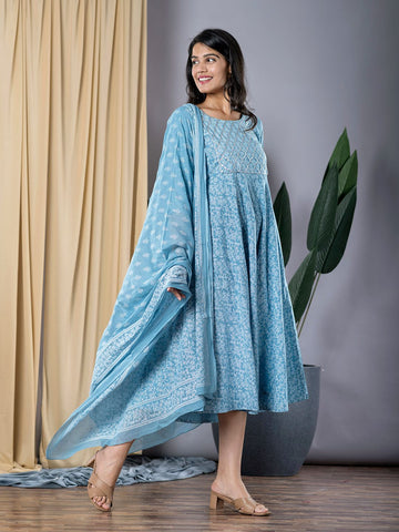 Sky Blue fit & flare Dress And Dupatta