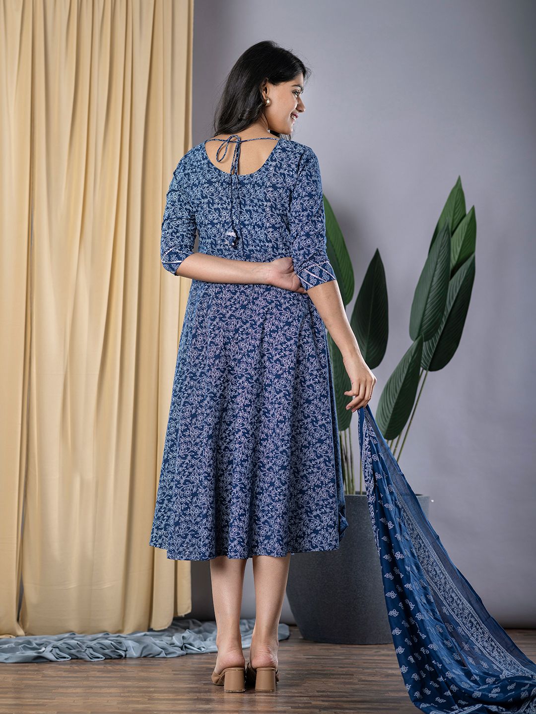Navy Blue fit & flare Dress And Dupatta