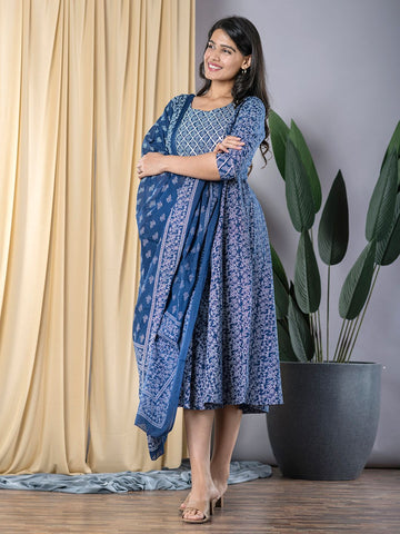 Navy Blue fit & flare Dress And Dupatta