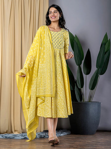 Yellow fit & flare Dress And Dupatta