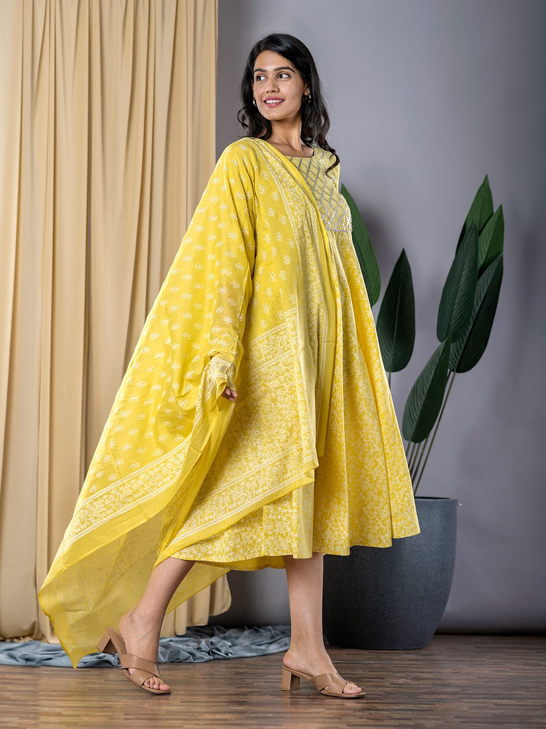 Yellow fit & flare Dress And Dupatta