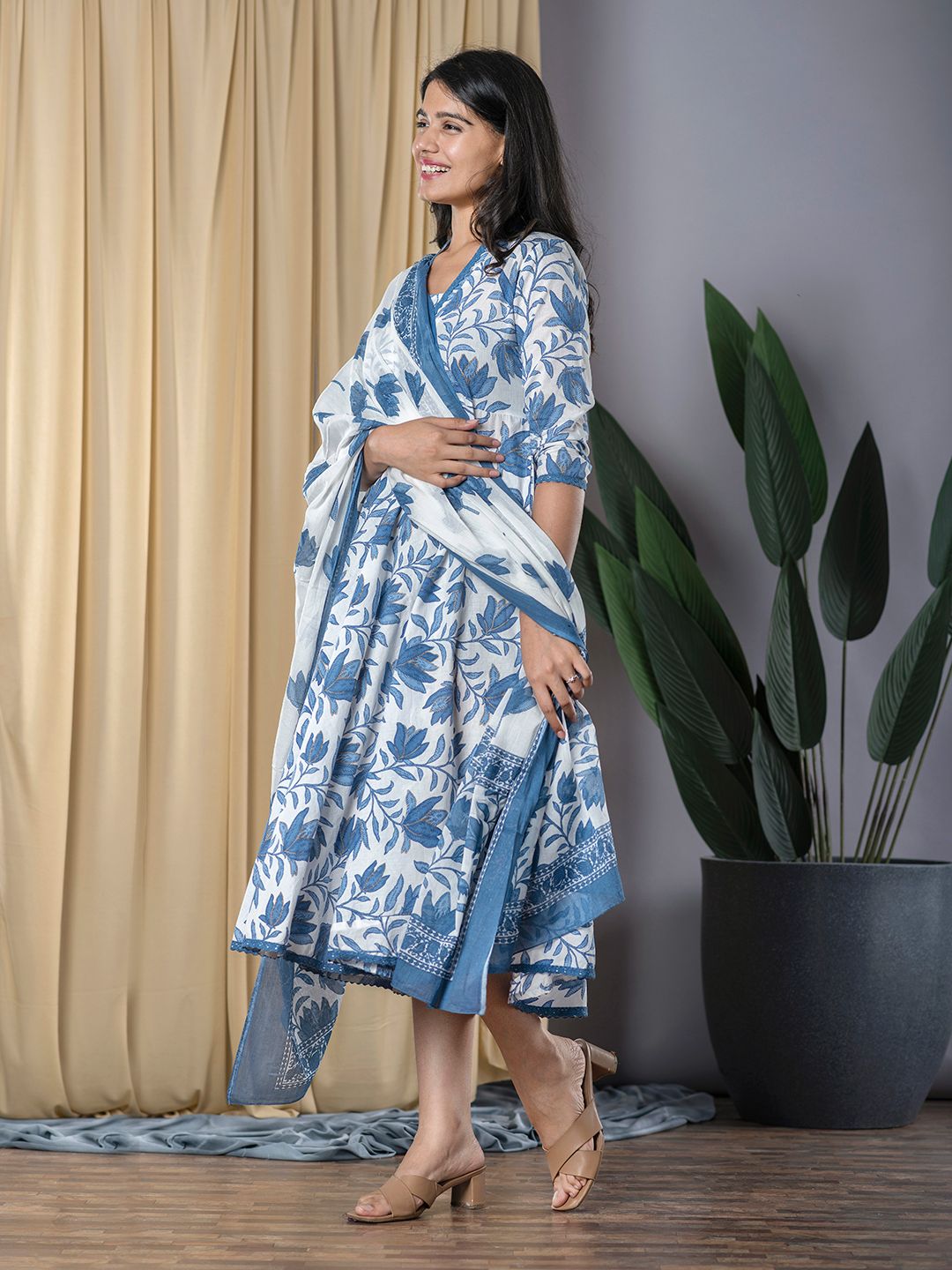 Blue Lace Work fit & flare Dress And Dupatta