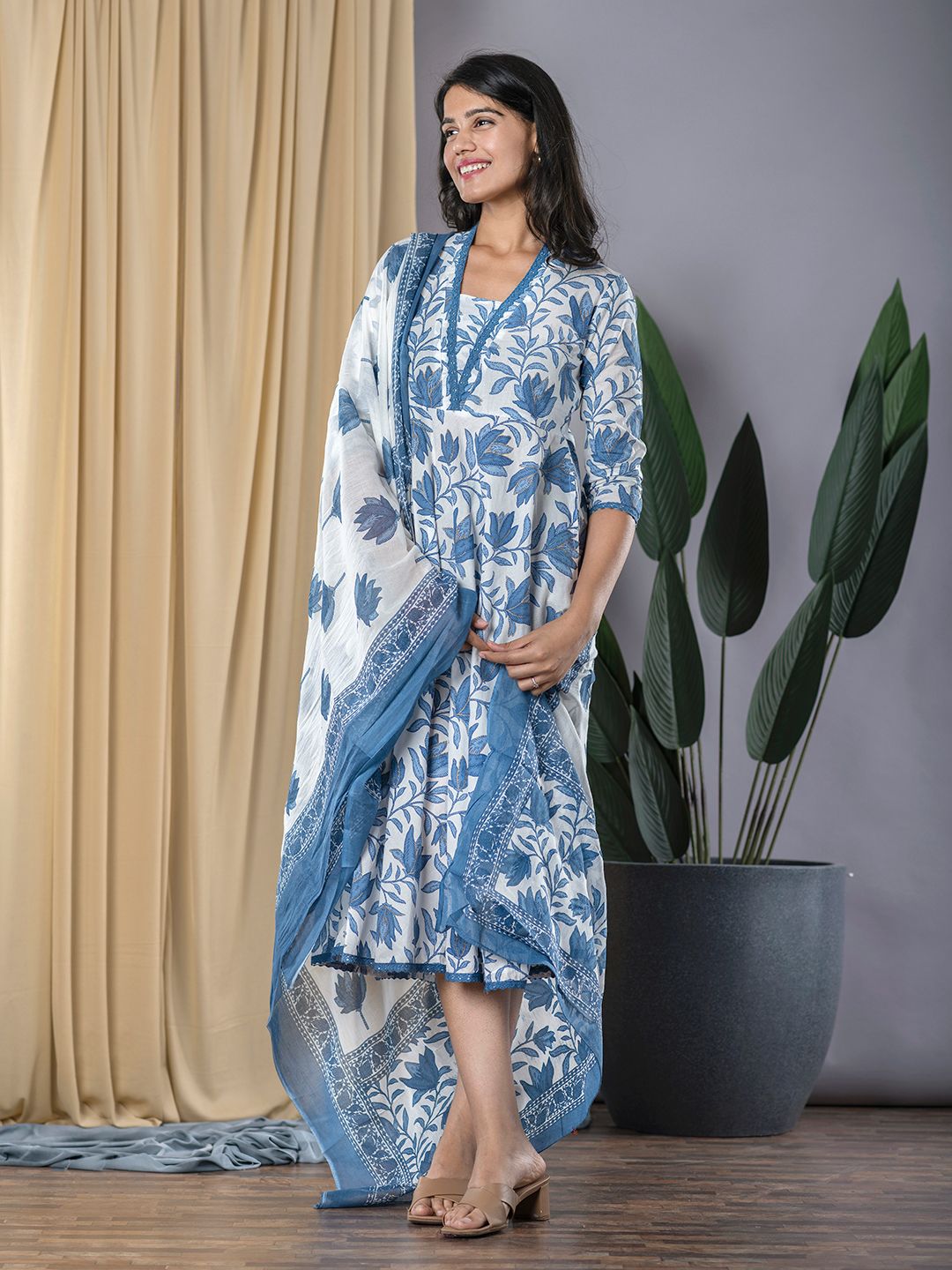 Blue Lace Work fit & flare Dress And Dupatta