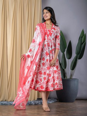 Red Lace Work fit & flare Dress And Dupatta