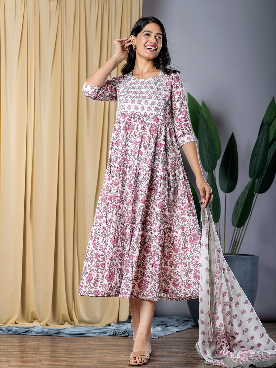 Purple And White fit & flare Dress And Dupatta