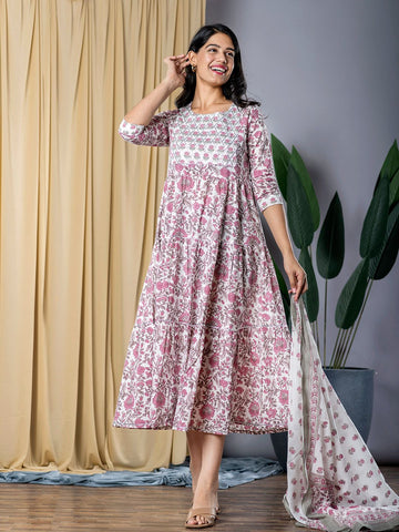 Purple And White fit & flare Dress And Dupatta