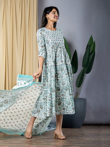 Grey And Turquoise fit & flare Dress And Dupatta