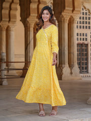 Jaitpuriya Women Yellow Striped Anarkali Dress