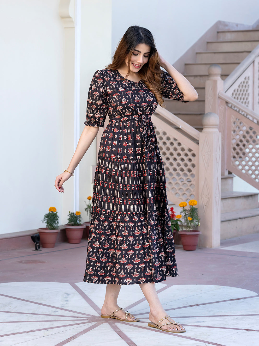 Jaitpuriya Women Black Ethnic Motifs Printed Maxi Dress