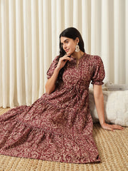 Jaitpuriya Women Maroon A-Line Pure Cotton Dress