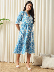 Jaitpuriya Women Turquoise blue Wrap Pure Cotton Dress