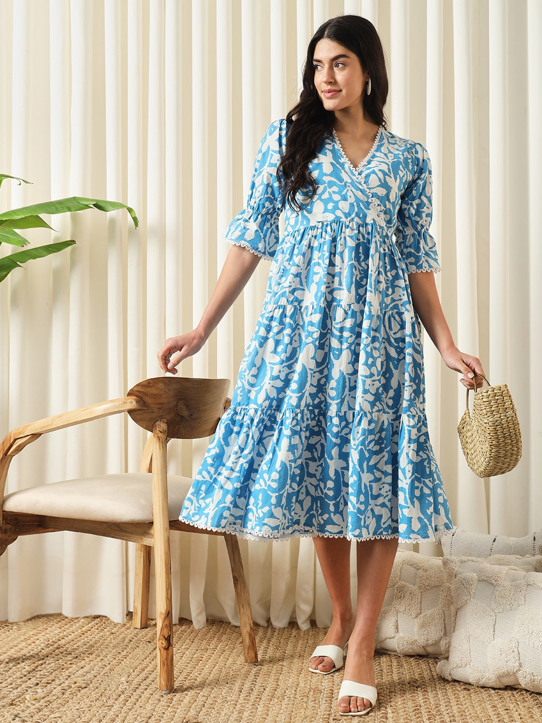 Jaitpuriya Women Turquoise blue Wrap Pure Cotton Dress