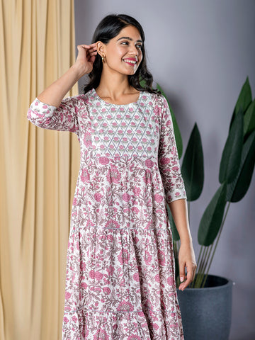 Jaitpuriya Women Purple And White fit & flare Dress