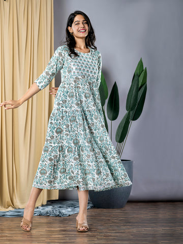 Jaitpuriya Women Grey And Turquoise fit & flare Dress