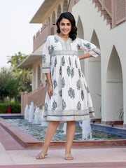 Jaitpuriya Women Gree And White Floral Print A-Line Dresses