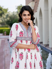 Jaitpuriya Women Pink And White Floral Print A-Line Dresses