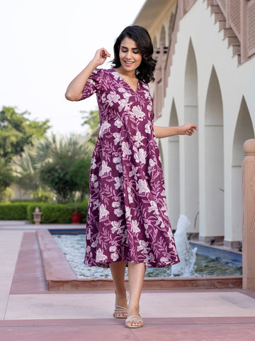 Jaitpuriya Women Purple Floral Print fit & flare Dresses
