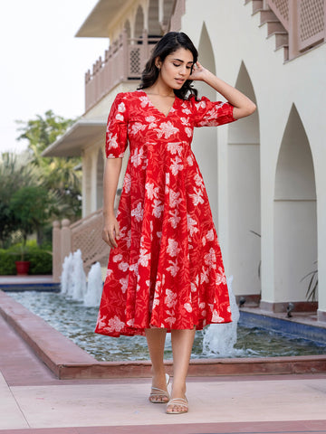 Jaitpuriya Women Red Floral Print fit & flare Dresses