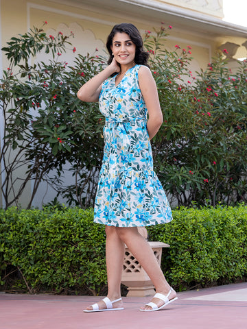 Jaitpuriya Women Blue Gathered or Pleated fit & flare Dresses