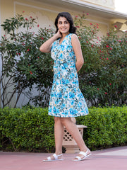 Jaitpuriya Women Blue Gathered or Pleated fit & flare Dresses