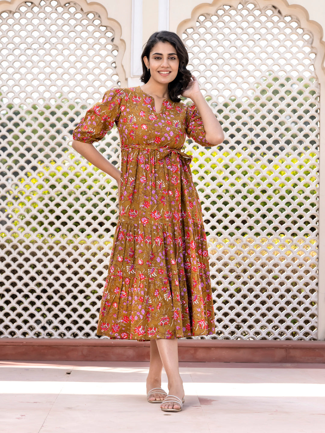 Jaitpuriya Women Brown Gathered or Pleated Maxi Dresses