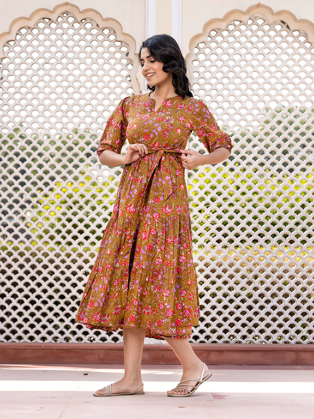 Jaitpuriya Women Brown Gathered or Pleated Maxi Dresses