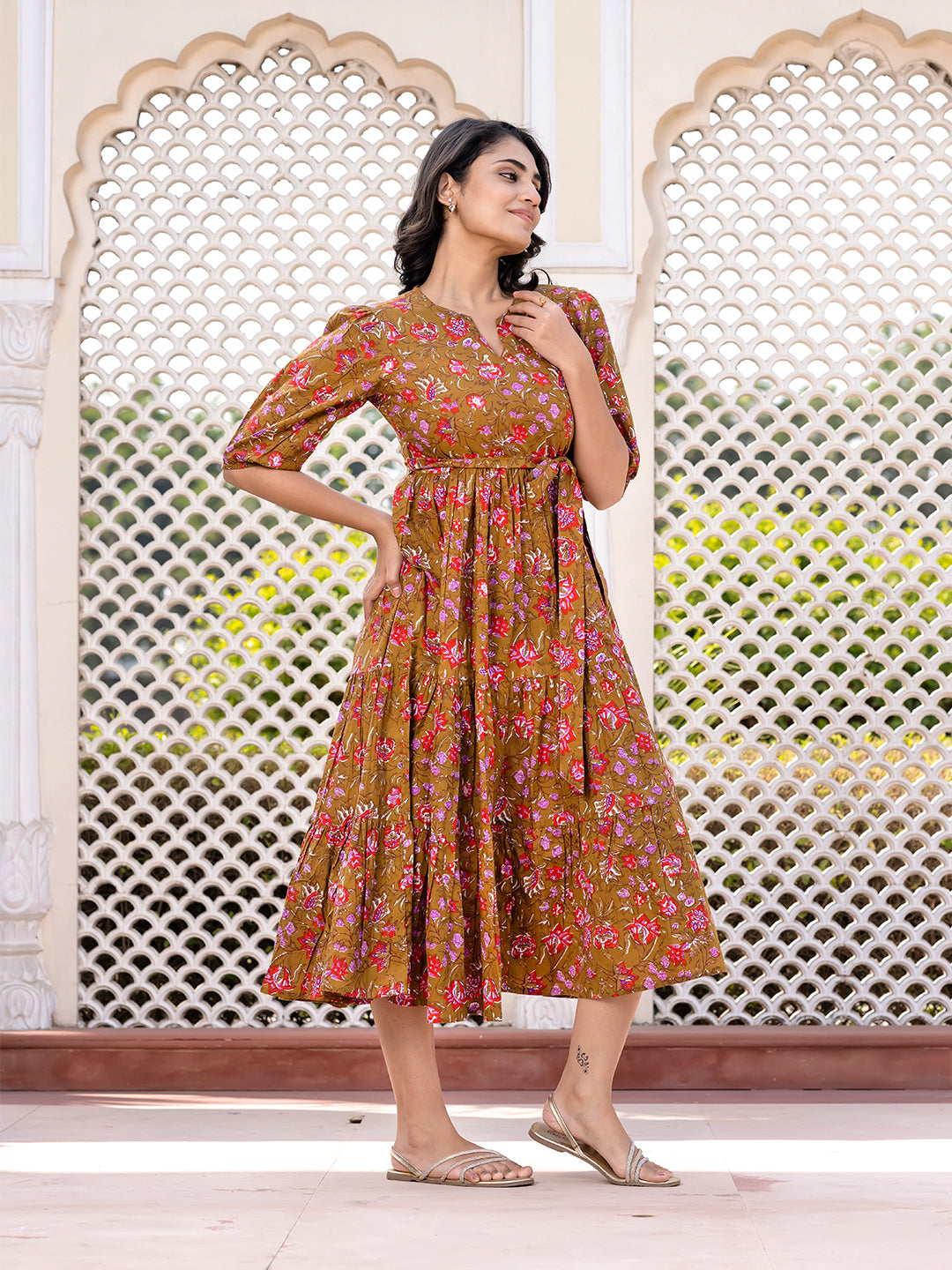 Jaitpuriya Women Brown Gathered or Pleated Maxi Dresses