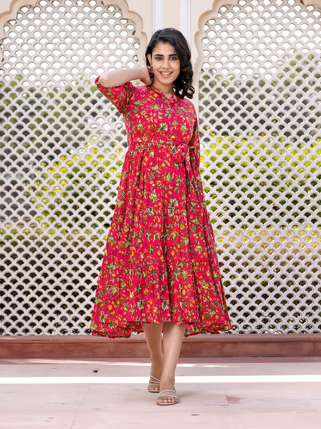 Jaitpuriya Women Pink Gathered or Pleated Maxi Dresses
