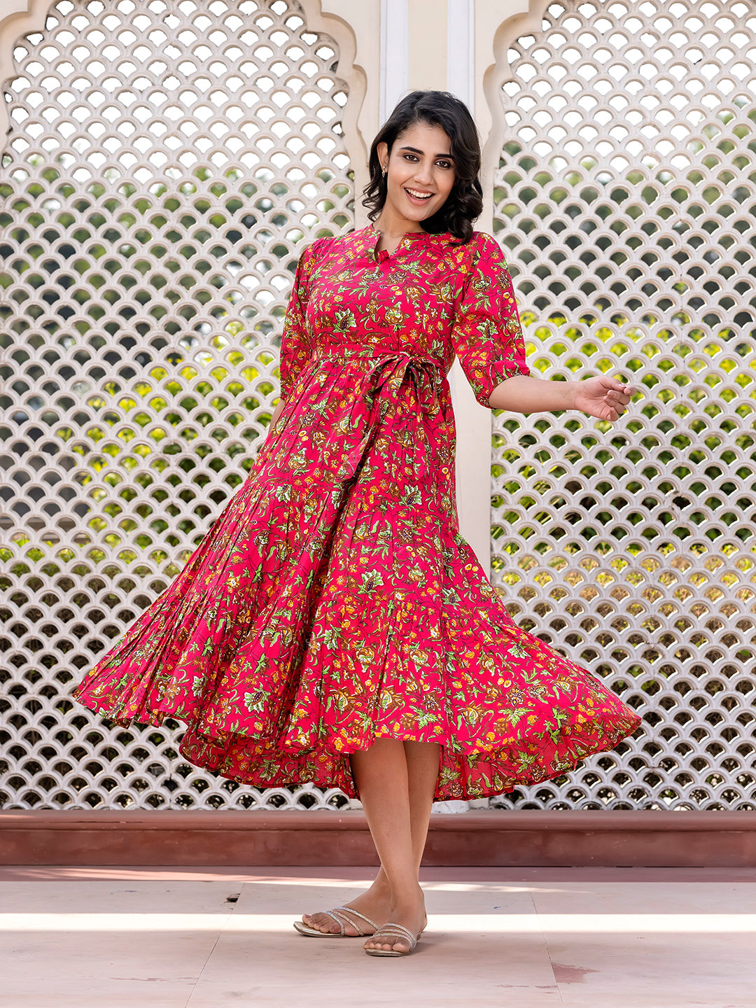 Jaitpuriya Women Pink Gathered or Pleated Maxi Dresses